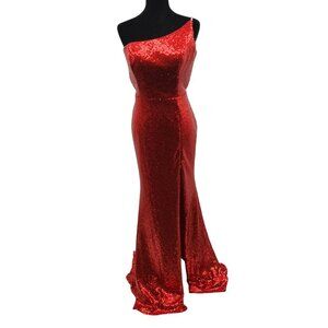 Alyce Paris One Shoulder Sequin Gown Open Back Red Size 12 New